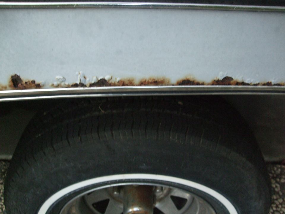 White vehicle's lower body panel with significant rust damage above a tire with a white stripe