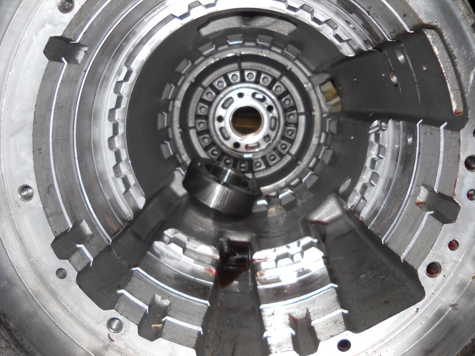 Inside of a transmission torque converter housing with a bearing inside