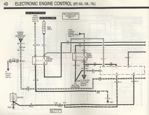 1990 Ford Bronco - Diagram shows the electronic engine control system, including relays and connections for the fuel pump.