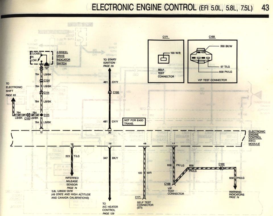 Electronic engine control wiring diagram page 43 with self-test connector and indicator circuits
