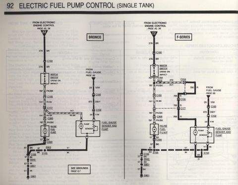 1990 Ford Bronco - Diagram shows the electric fuel pump control system for a 1989 Bronco single tank.