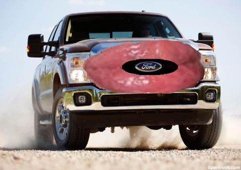 2008 Ford F-250 - A brown Ford Super Duty truck kicks up dust on a dirt road, its grille obscured by a superimposed image of lips and the Ford logo.