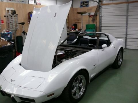 1976 Chevrolet Corvette - White 1976 Chevrolet Corvette convertible parked in a garage with the hood open.