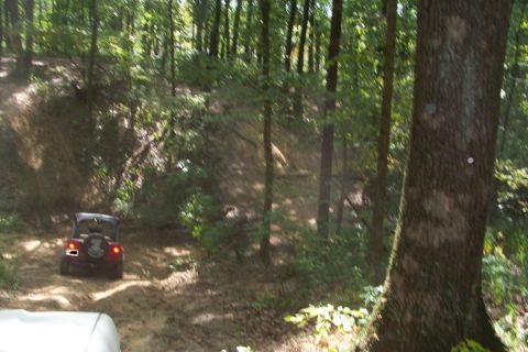 1989 Ford Bronco - Distant rear view of a dark red soft-top 4x4 with a rear-mounted spare tire and brake lights lit, descending a rutted dirt trail through de…