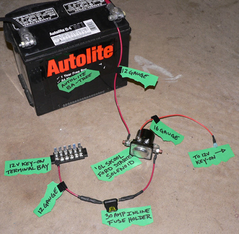 1990 Ford Bronco - Photograph of an assembled starter-solenoid wiring harness with handwritten labels for gauge sizes, fuse holder and terminal bay.