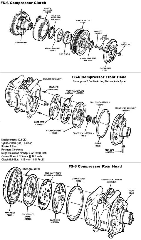 1990 Ford Bronco - Exploded parts diagram of the FS-6 air-conditioning compressor with clutch, front head and rear head components and specs.