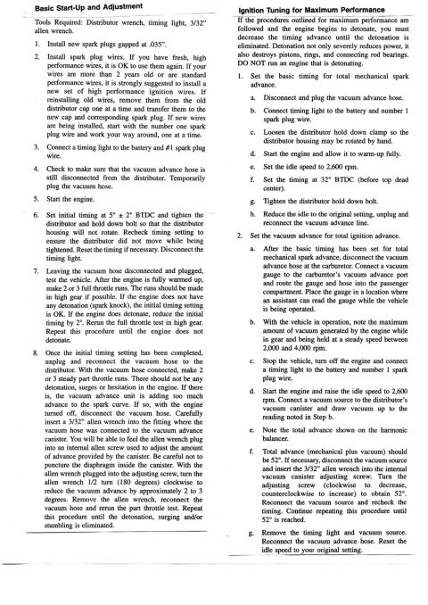 1990 Ford Bronco - Service procedure for installing and tuning a performance distributor; set initial timing 5-2 BTDC, total mechanical advance 32 BTDC, plug…