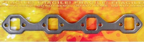 1990 Ford Bronco - A metal exhaust manifold gasket is shown against a colorful, abstract background with text warnings.