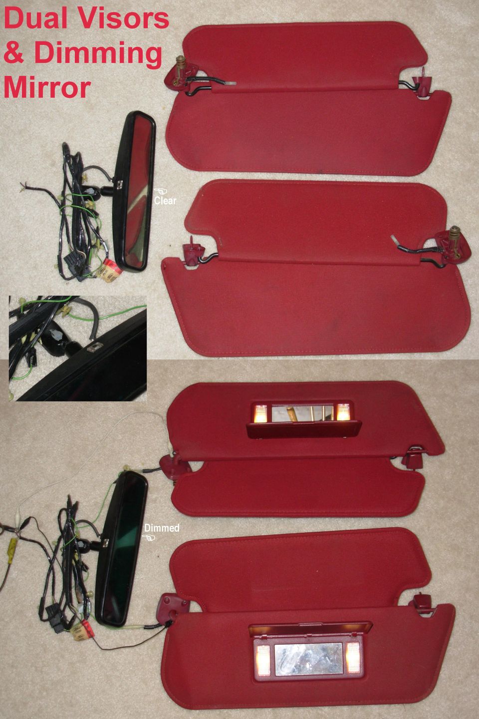 Red sun visors, wiring and a dimming rearview mirror laid out on carpet