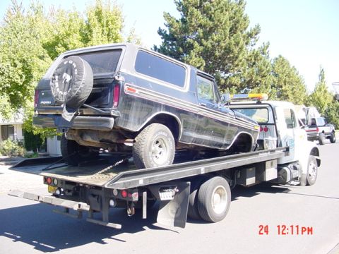 1979 Ford Bronco - On the Rollback, not the prefered method of towing I think