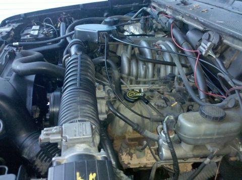 1995 Ford Bronco - Close-up view of the engine compartment, showing various mechanical parts and wiring.