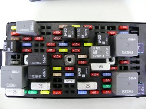 1976 Chevrolet Corvette - A close-up view of an automotive fuse box, displaying numerous electrical components and their labels.