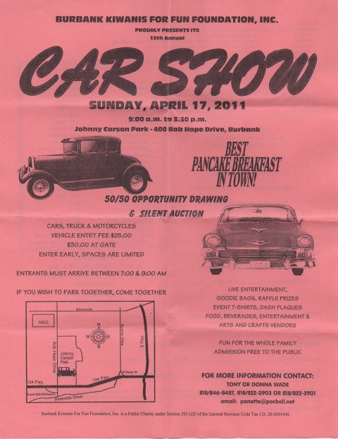 1968 Ford Mustang - printed car-show event flyer with date, location, entry fees, and classic-car illustrations.