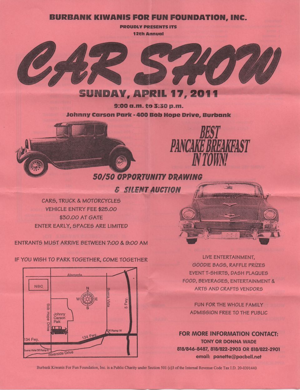 Burbank Kiwanis 12th Annual Car Show flyer with classic cars and event details