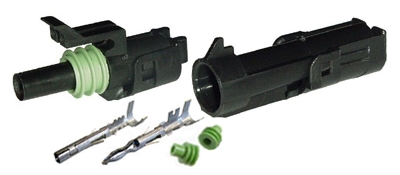 1990 Ford Bronco - Studio product shot of a disassembled single-pin sealed Weather Pack-style connector kit on a white background: black male and female shell…