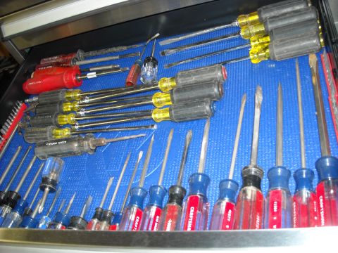 1979 Ford F-150 - A collection of screwdrivers, including Craftsman and Klein Tools, neatly organized in a blue-lined drawer.