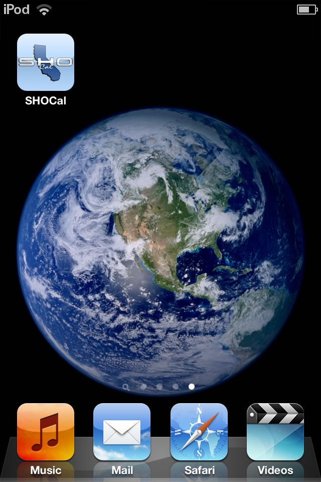iPhone home screen with Earth wallpaper and SHO Cal app icon