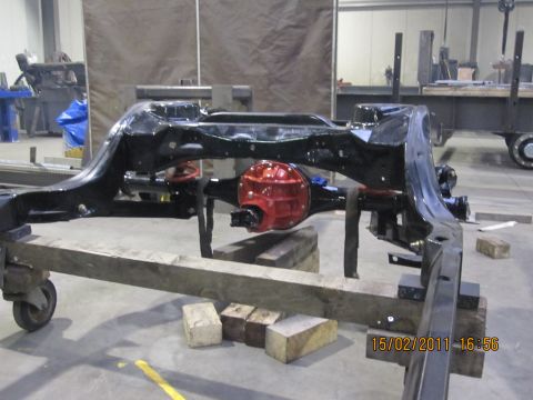 1973 Ford Ranchero - Rear axle assembly on a cart, likely for a vehicle rebuild project.