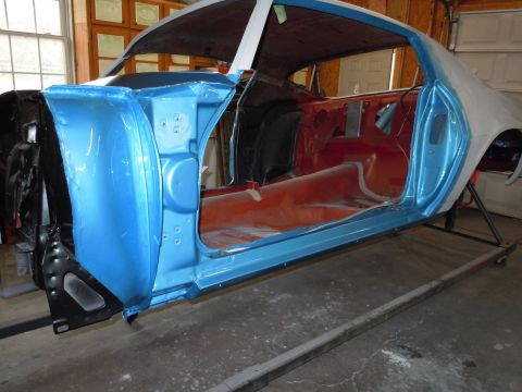 1972 Chevrolet Camaro - Body of a 1972 Chevrolet Camaro in restoration, with blue paint on the exterior panels.