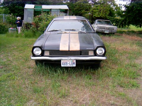1978 Ford Mustang II - This 1975 Ford Pinto has gold racing stripes and is parked in a grassy area with another vehicle behind it.