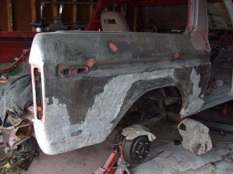 1979 Ford Bronco - Ford Bronco bodywork in progress, showing extensive repairs to the rear quarter panel.