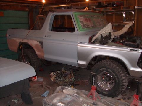 1979 Ford Bronco - This 1979 Ford Bronco is in a garage, undergoing bodywork and preparation for paint.