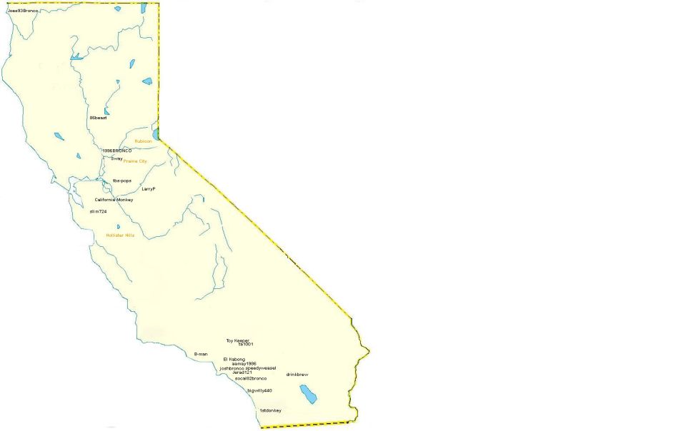 Map of California with member usernames and locations plotted