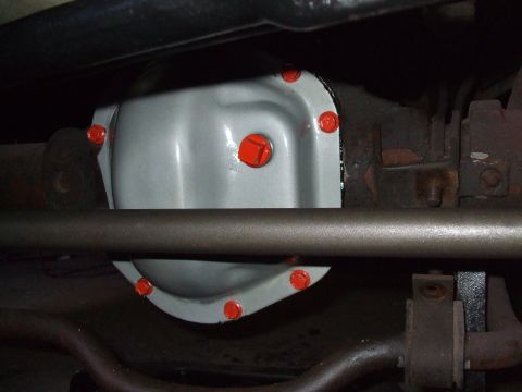 1979 Ford Bronco - Underside view of a differential cover with bright red bolts.
