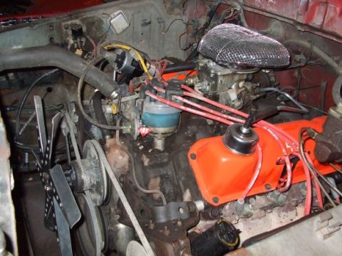 1979 Ford Bronco - Close-up view of a V8 engine bay, showing the carburetor, distributor, and spark plug wires.