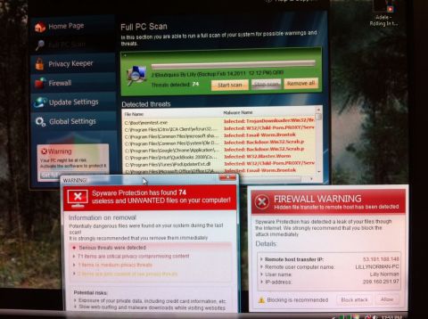 1966 Ford Bronco - Multiple antivirus warning pop-ups are displayed on a computer screen, indicating detected threats and firewall issues.