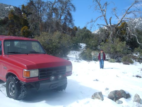 1988 Ford Bronco - A red pickup truck is parked in a snowy landscape with trees and hills in the background.