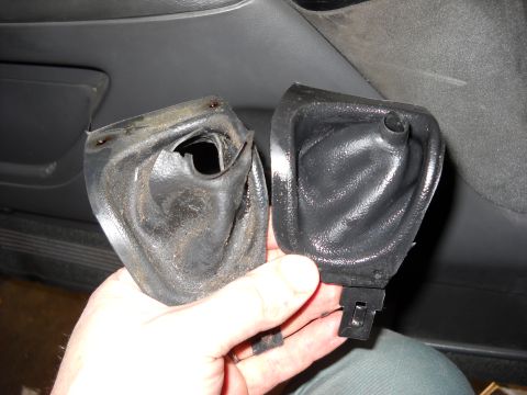 1993 Ford C-150 (Centurion Conversions) - Comparing a worn steering column boot with a new replacement part.