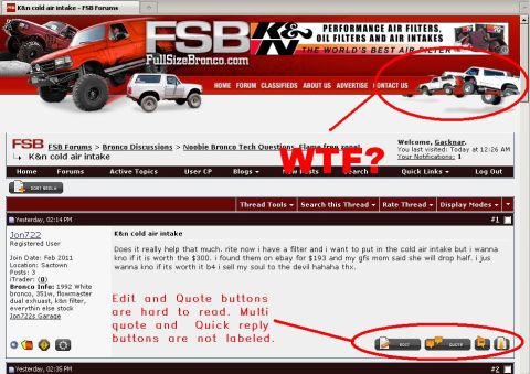 1986 Ford Bronco - A screenshot of a Ford Bronco forum page, a banner ad with two vehicles and forum content.