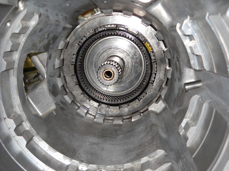 Inside of an automatic transmission, showing gears and housing