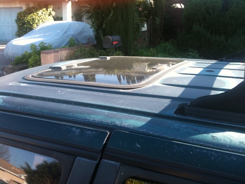 Dark green car roof with a sunroof, showing peeling paint and a reflection of trees