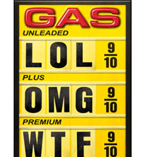 1990 Chevrolet Silverado 1500 - A gas price sign displays humorous names for fuel grades with prices of 9/10.
