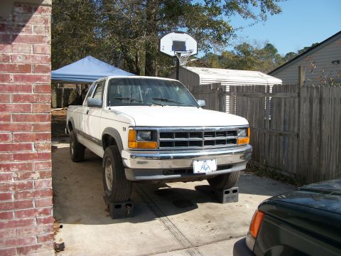 1994 Ford Explorer - A white Dodge pickup truck is parked in a driveway, elevated on concrete blocks.