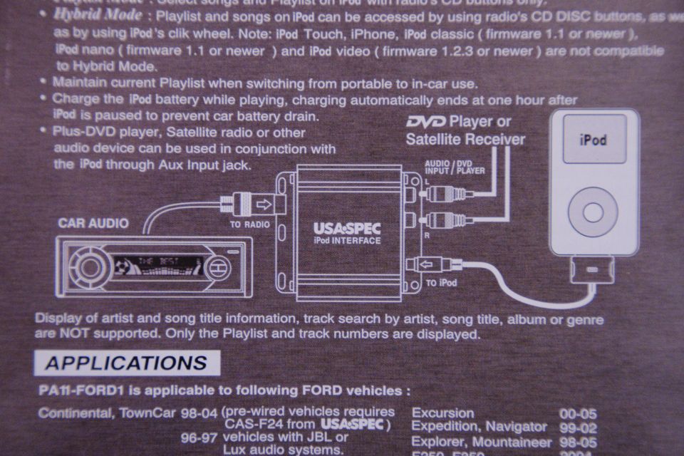 Photo of USA-Spec iPod interface packaging with connection diagram and Ford applications