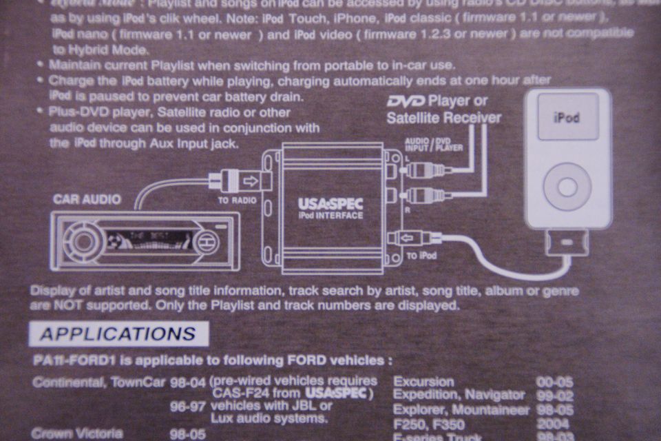 Rotated photo of USA-Spec iPod interface packaging with connection diagram
