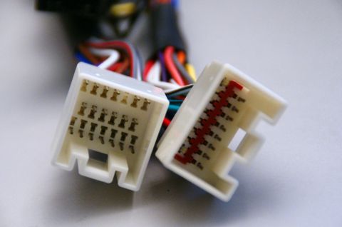 2003 Ford Taurus - Close-up of two electrical connectors with many wires, likely for a vehicle's audio system.