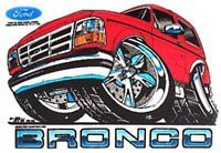 1995 Ford Bronco - A stylized illustration of a red Ford Bronco with oversized wheels and tires.