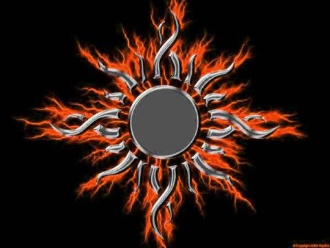 1995 Ford Bronco - Graphic of a stylized sun with chrome accents and fiery orange lightning effects.