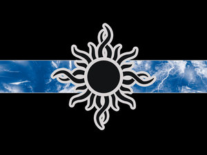 1995 Ford Bronco - A flag with a sun emblem and a blue stripe is displayed against a black background.