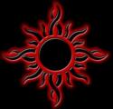 1995 Ford Bronco - A graphic representation of a sun with fiery red flames against a black background.