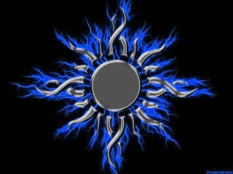 1995 Ford Bronco - Graphic of a sun with tribal elements and blue lightning strikes on a black background.