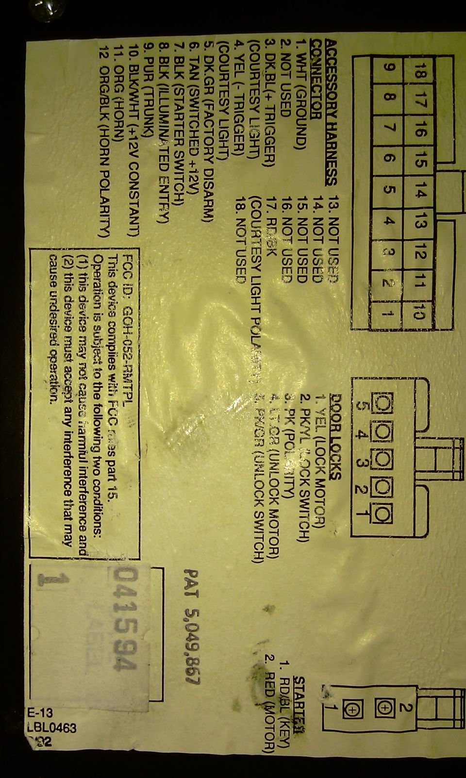 Aftermarket alarm label with 18-pin accessory harness and 5-pin door lock connector pinouts and wire colors