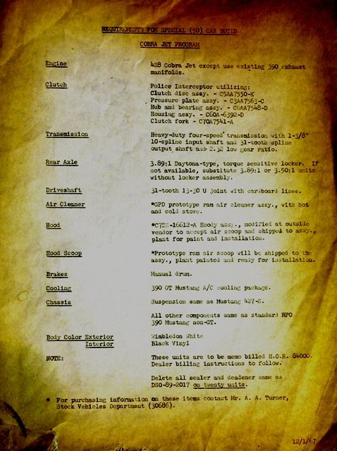 1968 Ford Mustang - This document details requirements for the Cobra Jet Program, listing various vehicle components and specifications.