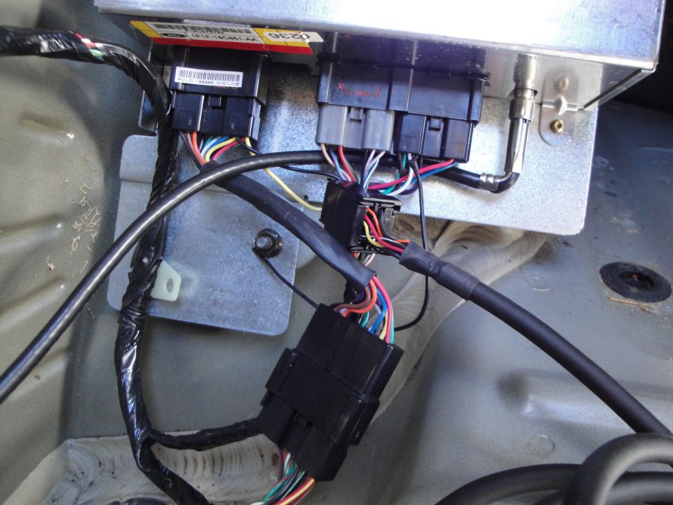 Wiring harness connected to electronic module with visible text labels
