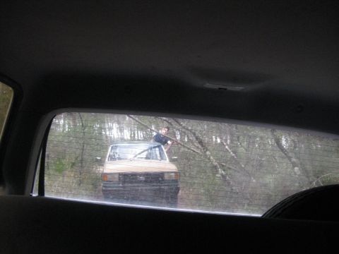 1994 Ford Bronco - A person sits atop a tan SUV in a wooded area, viewed from inside another vehicle.