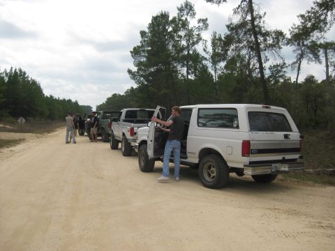 1994 Ford Bronco - Several trucks and a Ford Bronco are lined up on a dirt road in a wooded area.